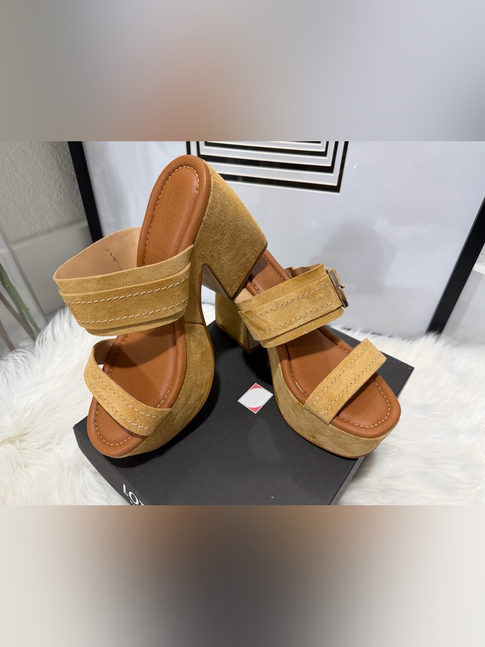 Lottini Italy Biscotto Beige Leather Suede Platform Slide Sandals Gold Buckle 10